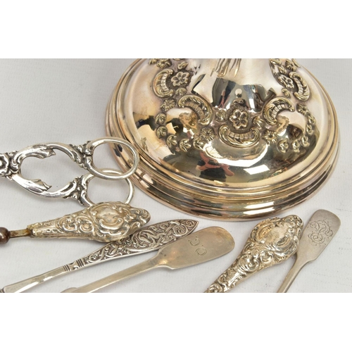 223 - A MAPPIN & WEBB SILVER PLATED TRAY AND WHITE METAL CUTLERY, the wavy circular tray with a pierced fl... 