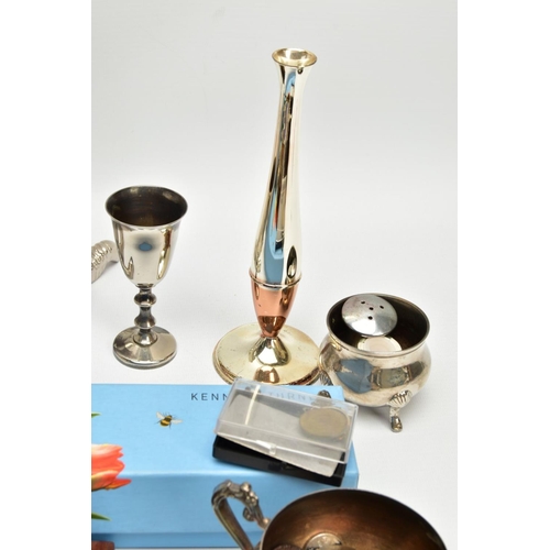 224 - A BOX OF ASSORTED ITEMS, to include a pair of novelty white metal talon feet candlesticks, a silver-... 