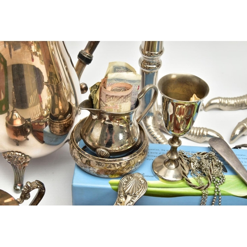 224 - A BOX OF ASSORTED ITEMS, to include a pair of novelty white metal talon feet candlesticks, a silver-... 