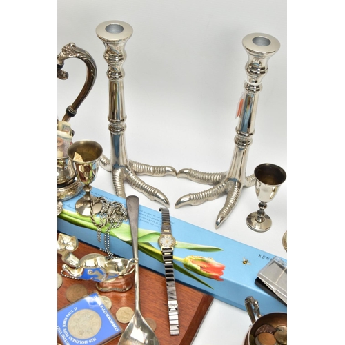 224 - A BOX OF ASSORTED ITEMS, to include a pair of novelty white metal talon feet candlesticks, a silver-... 