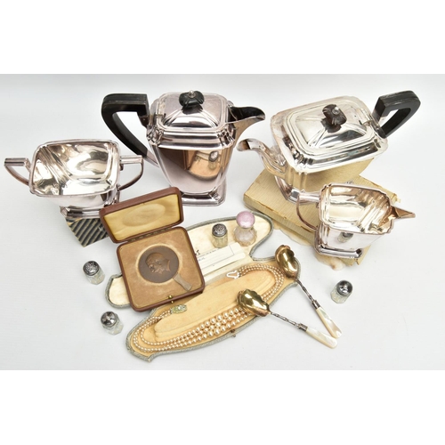 225 - A BOX OF ASSORTED ITEMS,  to include two silver scalloped spoons with mother of pearl handles, hallm... 