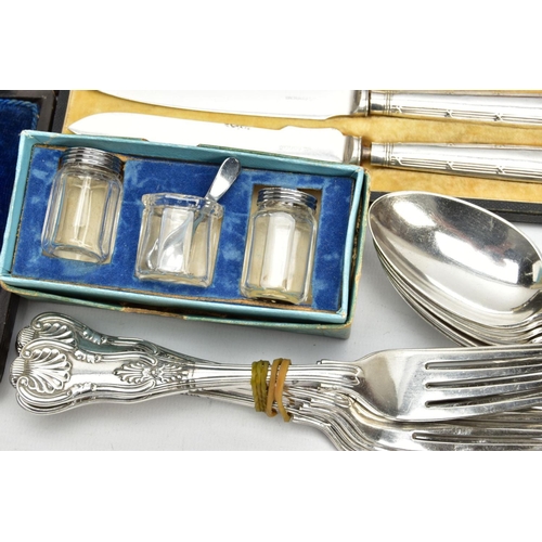 226 - A SELECTION OF SILVER TEASPOONS AND OTHER CUTLERY ITEMS, a set of six fiddle pattern teaspoons, engr... 