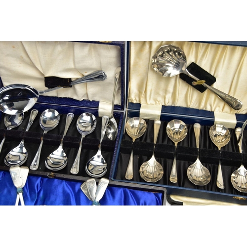 226 - A SELECTION OF SILVER TEASPOONS AND OTHER CUTLERY ITEMS, a set of six fiddle pattern teaspoons, engr... 