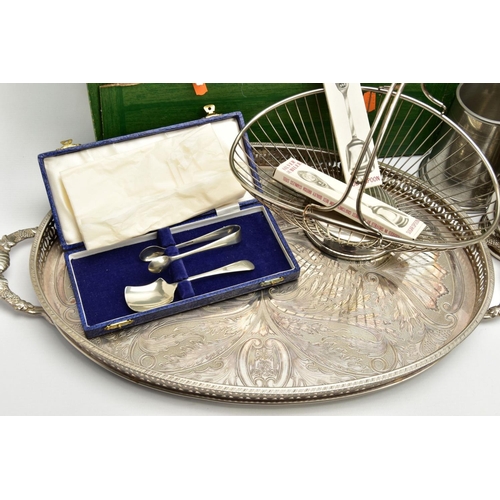 227 - TWO BOXES OF WHITE METAL WARE AND CUTLERY, to include a large silver-plated oval tray with a pierced... 