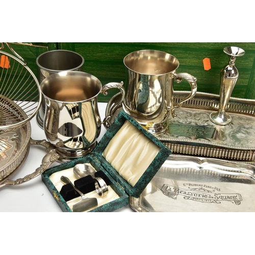 227 - TWO BOXES OF WHITE METAL WARE AND CUTLERY, to include a large silver-plated oval tray with a pierced... 