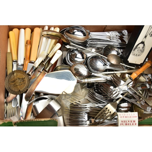 227 - TWO BOXES OF WHITE METAL WARE AND CUTLERY, to include a large silver-plated oval tray with a pierced... 