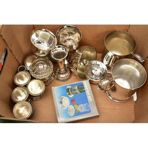 227 - TWO BOXES OF WHITE METAL WARE AND CUTLERY, to include a large silver-plated oval tray with a pierced... 