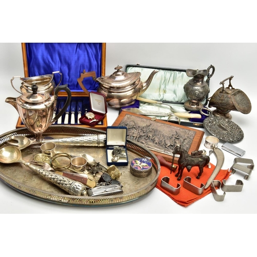 229 - A BOX OF ASSORTED ITEMS, to include a large oval white metal tray with a pierced rim, an EP teapot w... 