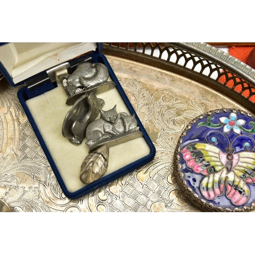 229 - A BOX OF ASSORTED ITEMS, to include a large oval white metal tray with a pierced rim, an EP teapot w... 