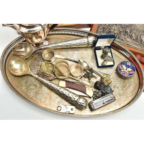 229 - A BOX OF ASSORTED ITEMS, to include a large oval white metal tray with a pierced rim, an EP teapot w... 