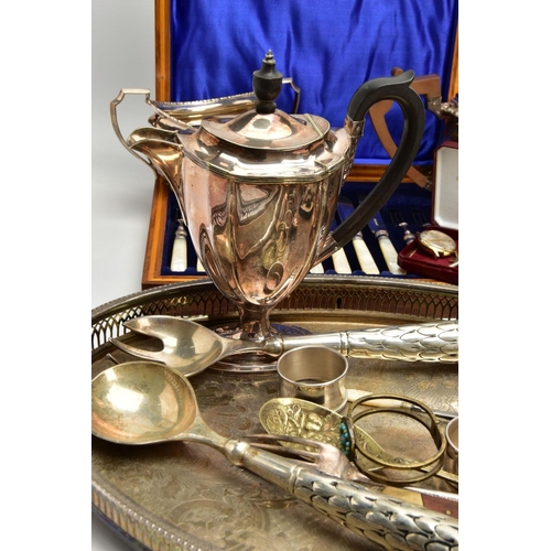 229 - A BOX OF ASSORTED ITEMS, to include a large oval white metal tray with a pierced rim, an EP teapot w... 