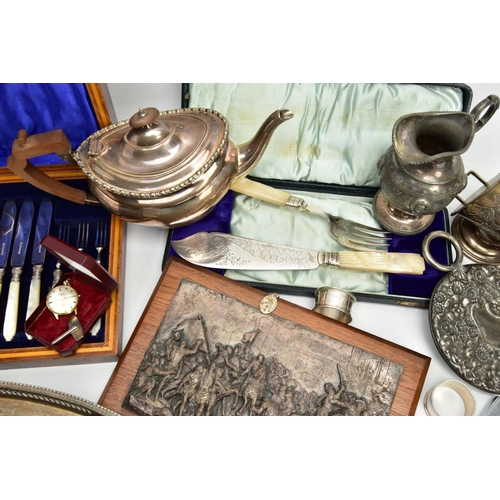 229 - A BOX OF ASSORTED ITEMS, to include a large oval white metal tray with a pierced rim, an EP teapot w... 