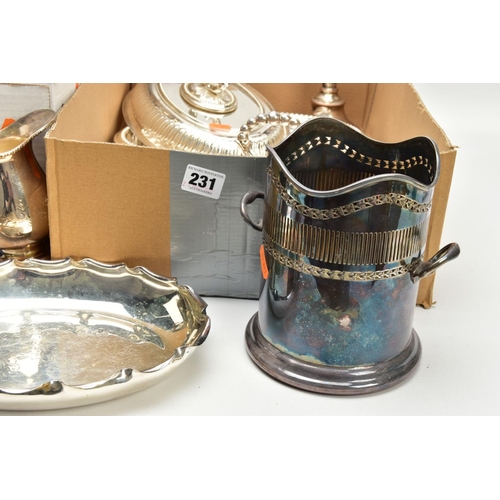 231 - TWO BOXES OF WHITE METAL WARE, to include two circular entree dishes with covers, two oval entree di... 