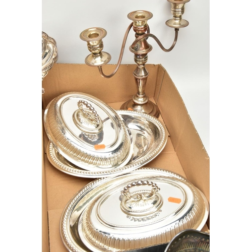 231 - TWO BOXES OF WHITE METAL WARE, to include two circular entree dishes with covers, two oval entree di... 