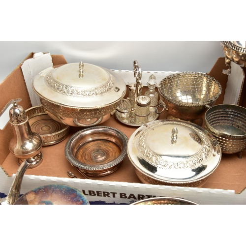 231 - TWO BOXES OF WHITE METAL WARE, to include two circular entree dishes with covers, two oval entree di... 