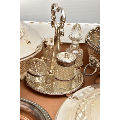 231 - TWO BOXES OF WHITE METAL WARE, to include two circular entree dishes with covers, two oval entree di... 