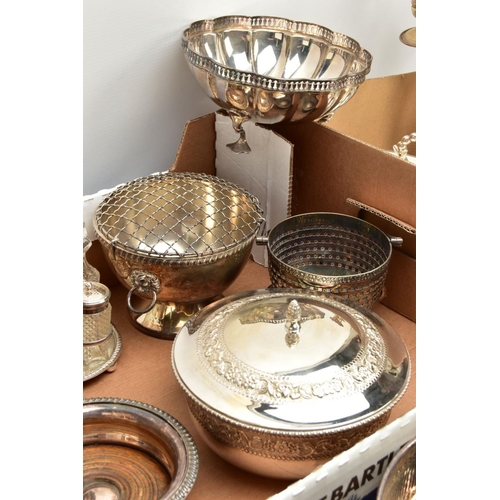 231 - TWO BOXES OF WHITE METAL WARE, to include two circular entree dishes with covers, two oval entree di... 