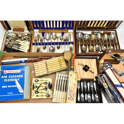 232 - A BOX OF ASSORTED CUTLERY, to include two wooden canteens of cutlery, a cased set of seven dessert f... 