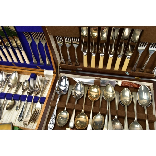 232 - A BOX OF ASSORTED CUTLERY, to include two wooden canteens of cutlery, a cased set of seven dessert f... 