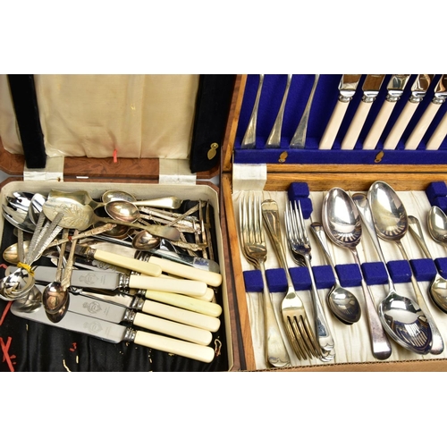 232 - A BOX OF ASSORTED CUTLERY, to include two wooden canteens of cutlery, a cased set of seven dessert f... 