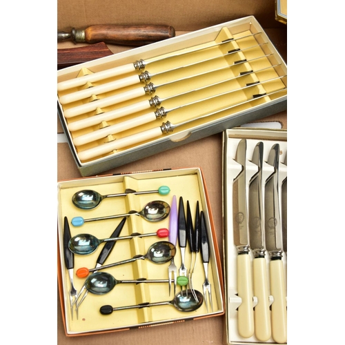 232 - A BOX OF ASSORTED CUTLERY, to include two wooden canteens of cutlery, a cased set of seven dessert f... 