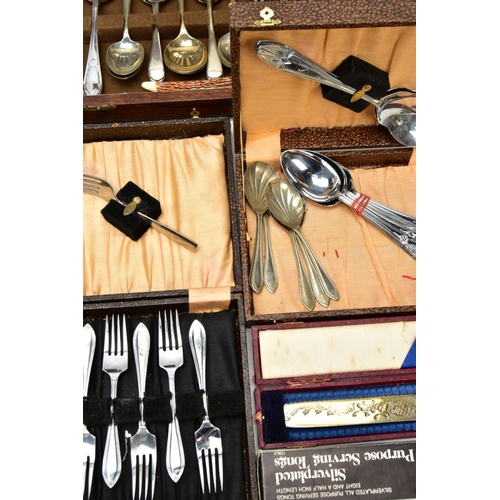 232 - A BOX OF ASSORTED CUTLERY, to include two wooden canteens of cutlery, a cased set of seven dessert f... 