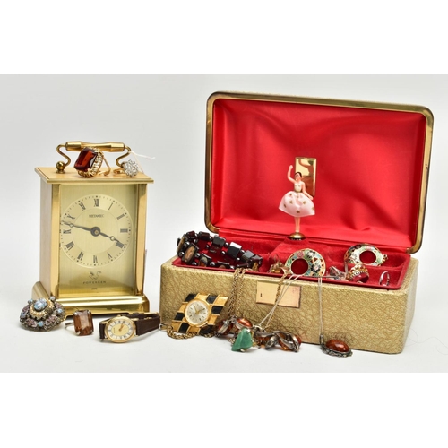 233 - A JEWELLERY BOX WITH CONTENTS, gold tone jewellery box with a variety of silver and white metal jewe... 