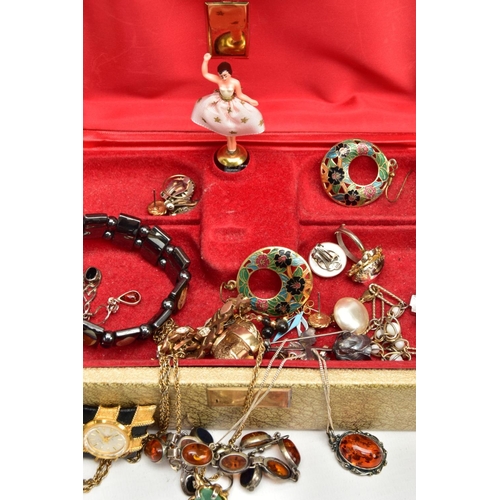 233 - A JEWELLERY BOX WITH CONTENTS, gold tone jewellery box with a variety of silver and white metal jewe... 