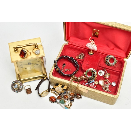 233 - A JEWELLERY BOX WITH CONTENTS, gold tone jewellery box with a variety of silver and white metal jewe... 