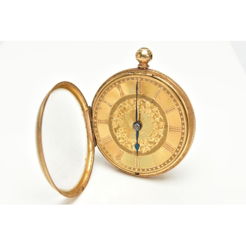 238 - A LATE VICTORIAN 18CT GOLD POCKET WATCH, hand wound open face pocket watch, round gold face detailin... 