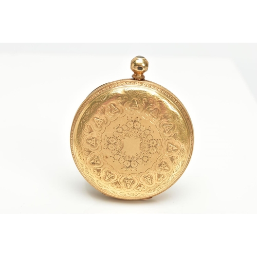 238 - A LATE VICTORIAN 18CT GOLD POCKET WATCH, hand wound open face pocket watch, round gold face detailin... 