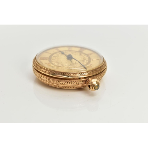 238 - A LATE VICTORIAN 18CT GOLD POCKET WATCH, hand wound open face pocket watch, round gold face detailin... 