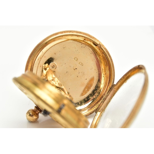 238 - A LATE VICTORIAN 18CT GOLD POCKET WATCH, hand wound open face pocket watch, round gold face detailin... 