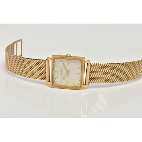 25 - A GENTS GOLD 'ROMER' WRISTWATCH, hand wound movement, square sliver tone dial signed   Romer Swiss m... 