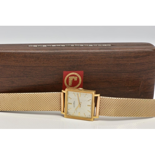 25 - A GENTS GOLD 'ROMER' WRISTWATCH, hand wound movement, square sliver tone dial signed   Romer Swiss m... 