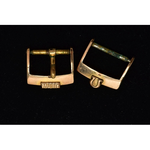 27 - TWO WRISTWATCH BUCKLE FITTINGS,  a Omega gold plated buckle displaying the Omega logo and signed 'pl... 