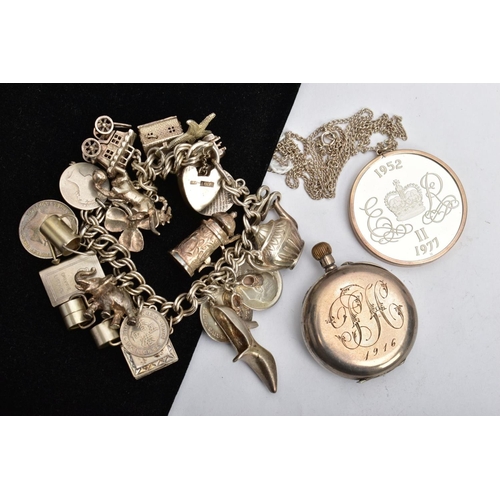 34 - A SILVER CHARM BRACELET, SILVER MOUNTED COIN AND SILVER POCKET WATCH, a heart padlock double curb li... 