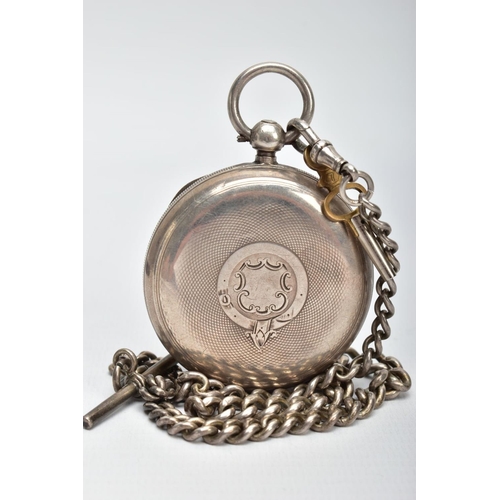 35 - A VICTORIAN SILVER POCKET WATCH, ALBERT CHAIN AND VIEWING CASE, a white open face pocket watch, Roma... 