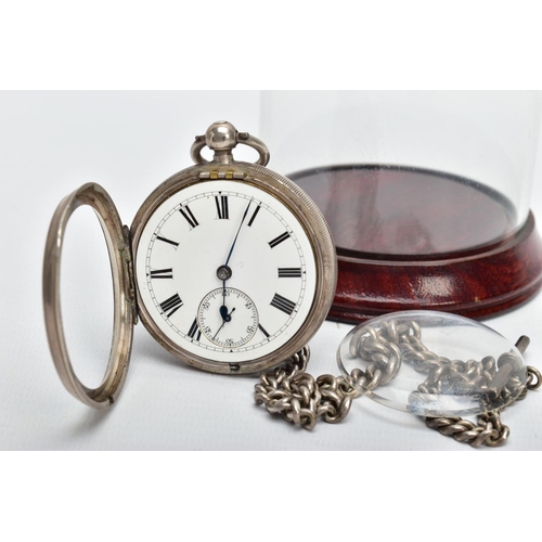 35 - A VICTORIAN SILVER POCKET WATCH, ALBERT CHAIN AND VIEWING CASE, a white open face pocket watch, Roma... 