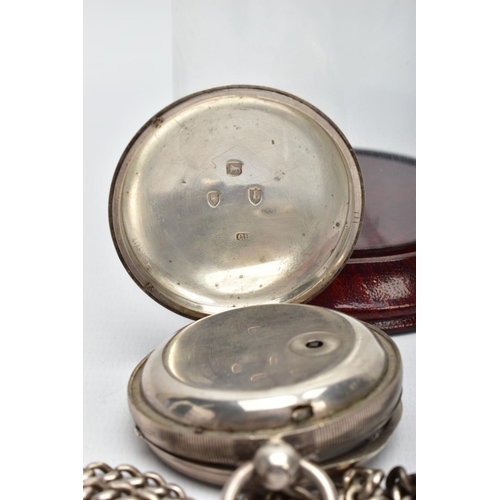 35 - A VICTORIAN SILVER POCKET WATCH, ALBERT CHAIN AND VIEWING CASE, a white open face pocket watch, Roma... 