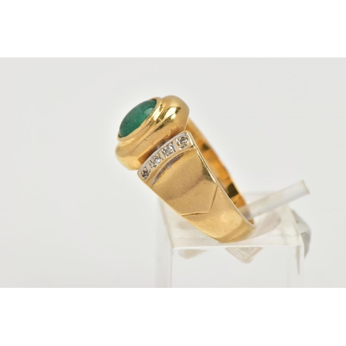37 - AN 18CT GOLD EMERALD AND DIAMOND RING,  an oval cabochon emerald stone, approximate dimensions lengt... 