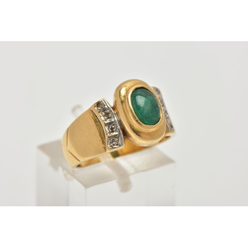 37 - AN 18CT GOLD EMERALD AND DIAMOND RING,  an oval cabochon emerald stone, approximate dimensions lengt... 