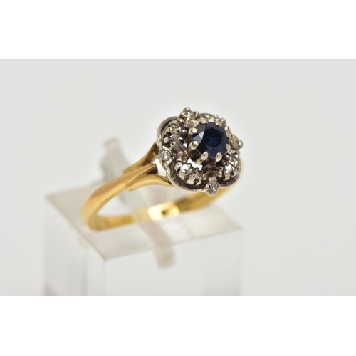 38 - AN 18CT GOLD SAPPHIRE AND DIAMOND RING,  a circular cut blue sapphire, approximate width 4mm, prong ... 