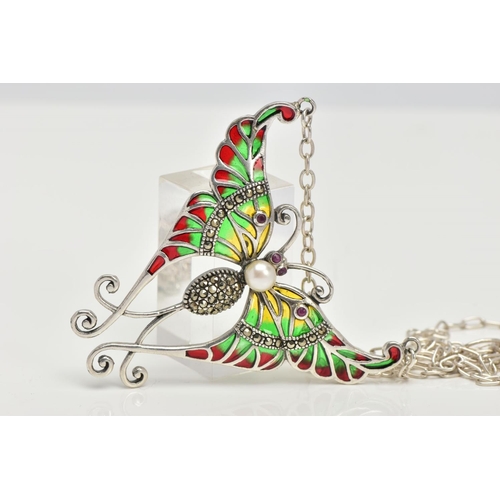 39 - A PLIQUE A' JOUR BUTTERFLY NECKLACE, a white metal butterfly set with four circular cut rubies, a wh... 