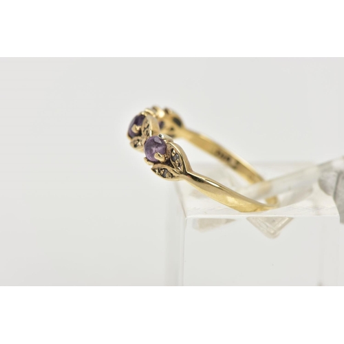 47 - A 9CT GOLD AMETHYST AND DIAMOND RING, half eternity style ring, set with three circular cut amethyst... 