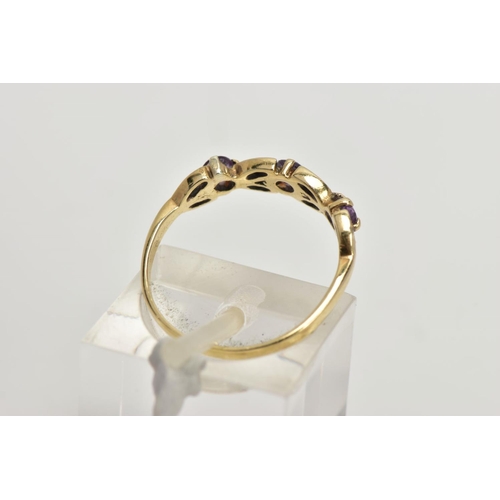 47 - A 9CT GOLD AMETHYST AND DIAMOND RING, half eternity style ring, set with three circular cut amethyst... 