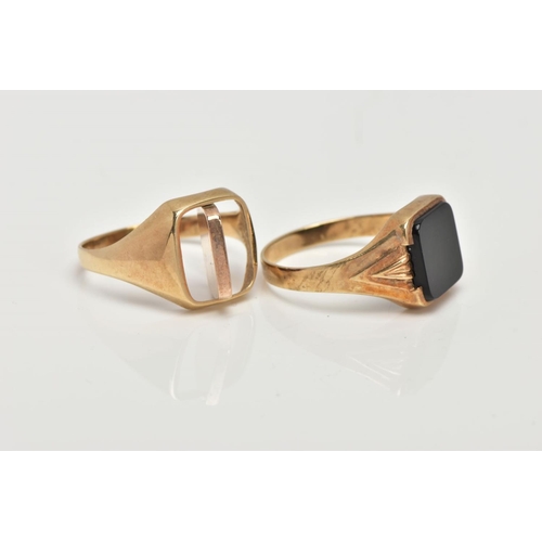 5 - TWO 9CT GOLD SIGNET RINGS, a square onyx panel set in a yellow gold square mount, featuring a chevro... 
