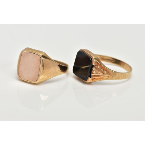 5 - TWO 9CT GOLD SIGNET RINGS, a square onyx panel set in a yellow gold square mount, featuring a chevro... 