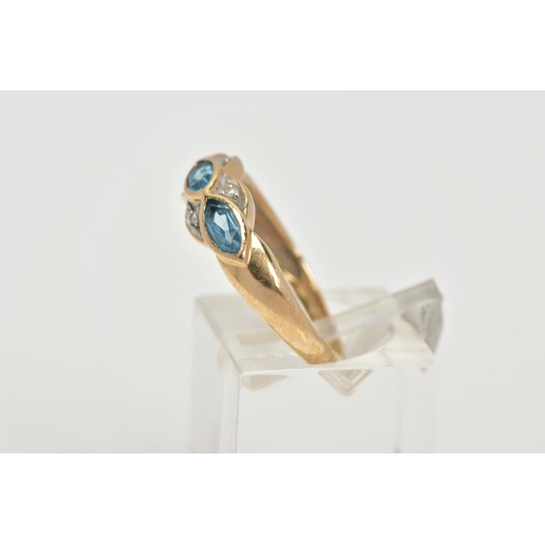 53 - A 9CT GOLD TOPAZ AND DIAMOND RING, half eternity ring set with three marquise cut blue topaz each be... 