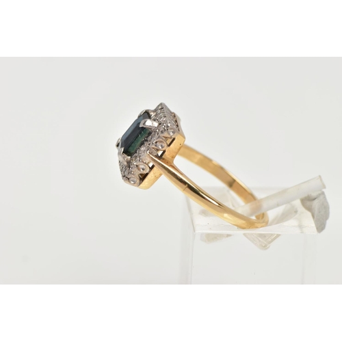 57 - AN 18CT GOLD SAPPHIRE AND DIAMOND RING, of a rectangular form, centring on a rectangular cut blue sa... 